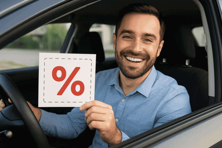 Hombre sonriente dentro de un carro sosteniendo un cartel con símbolo de porcentaje en color rojo