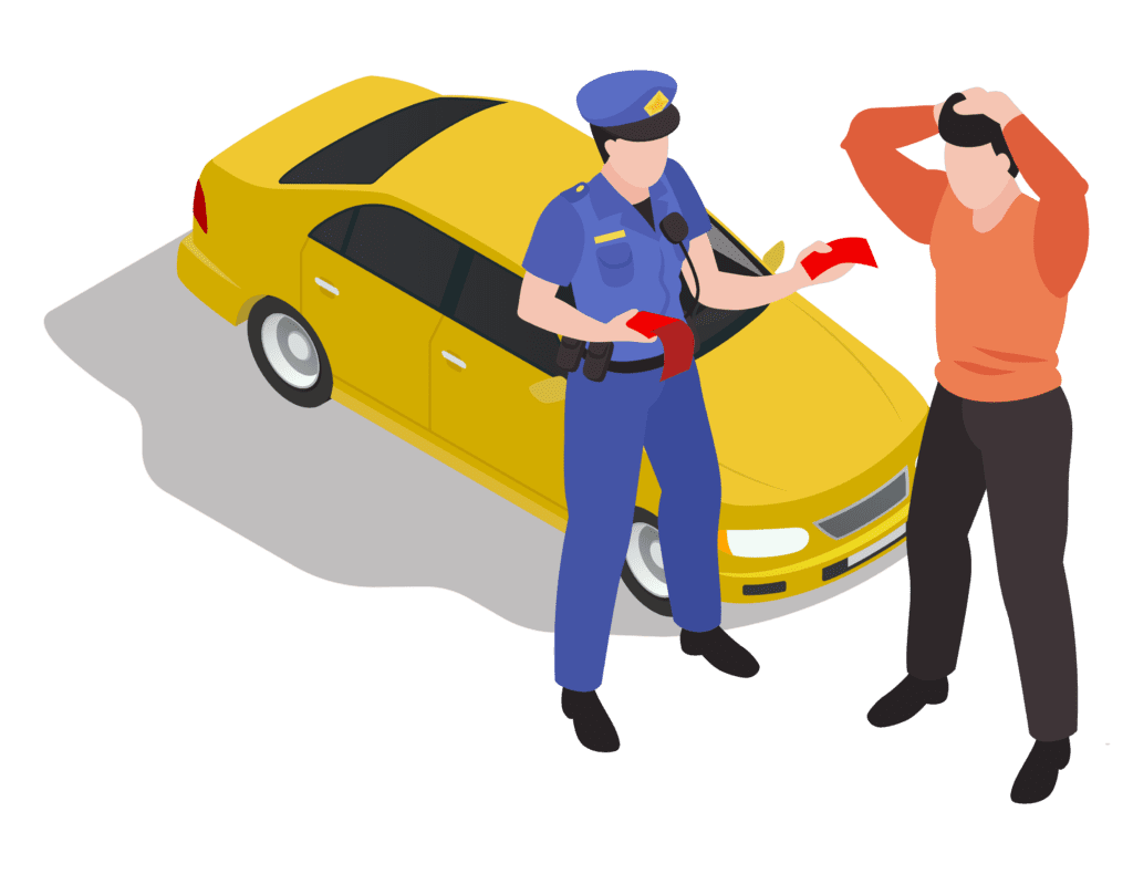 Ilustración isométrica de un policía de tránsito entregando una multa a un conductor junto a un auto amarillo