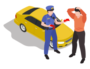 Ilustración isométrica de un policía de tránsito entregando una multa a un conductor junto a un auto amarillo