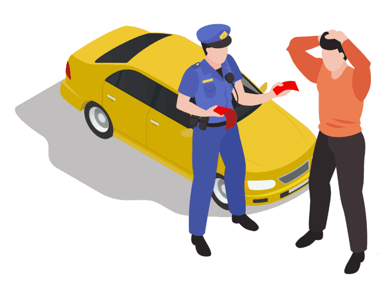 Ilustración isométrica de un policía de tránsito entregando una multa a un conductor junto a un auto amarillo