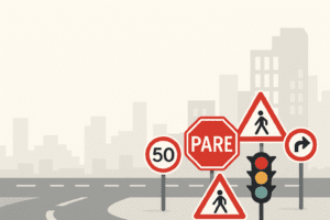 Conjunto de señales de tránsito como PARE, cruce peatonal, límite de velocidad y semáforo en una ciudad