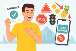 Hombre feliz mostrando un comparendo aprobado junto a un celular con curso aprobado y señales de tránsito