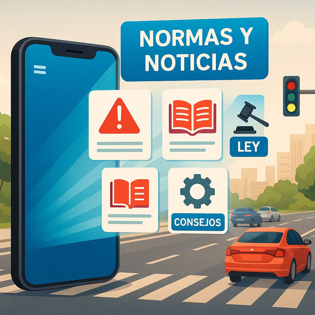 Ilustración de un celular mostrando información sobre leyes, normas, consejos y alertas viales, con autos en una ciudad