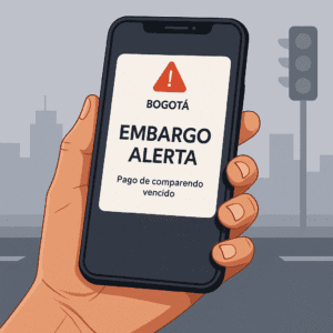 Mano sosteniendo un celular que muestra una alerta de embargo por pago de comparendo vencido en Bogotá