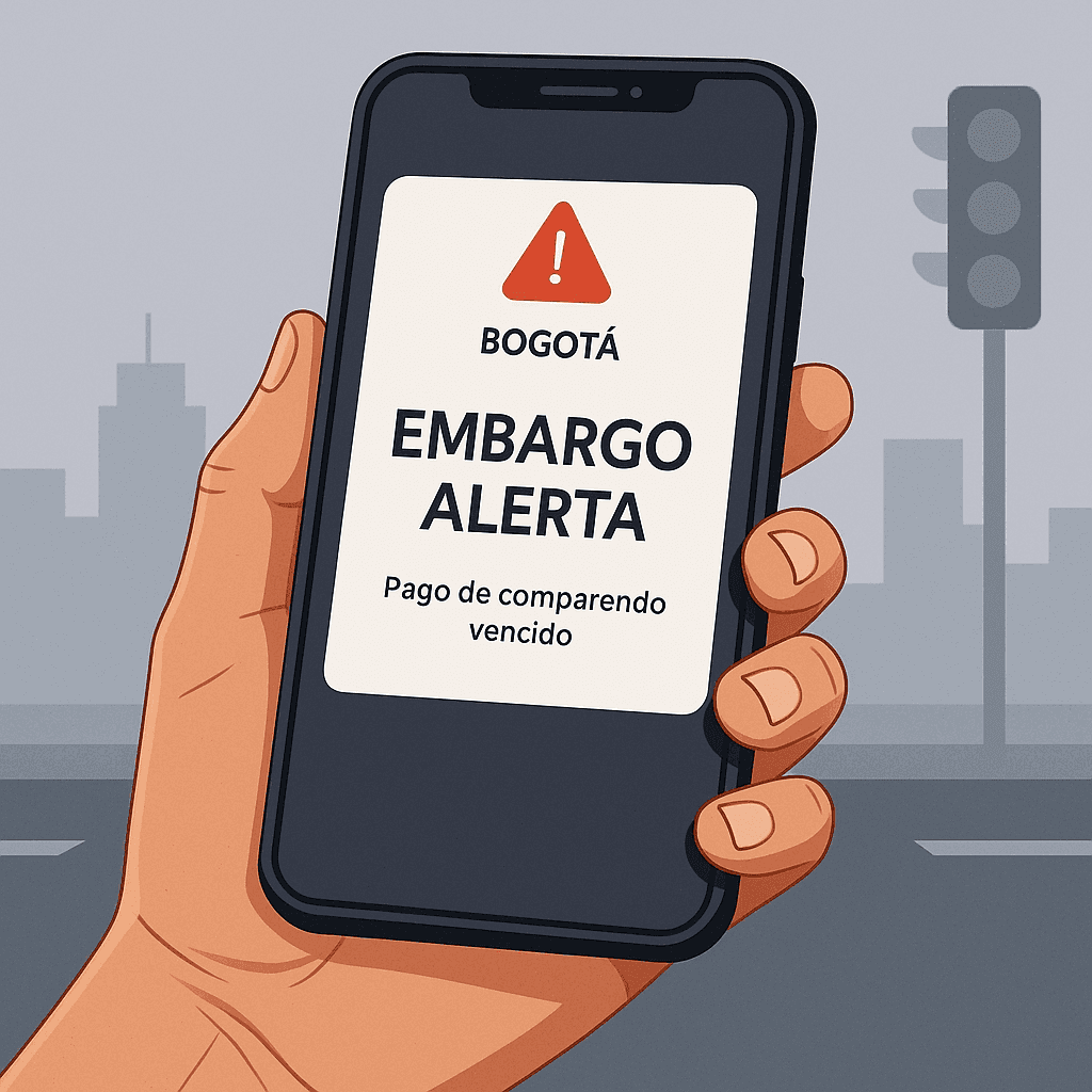 Mano sosteniendo un celular que muestra una alerta de embargo por pago de comparendo vencido en Bogotá