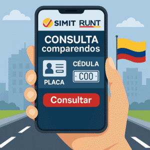 Mano sosteniendo un celular con pantalla de consulta de comparendos en SIMIT y RUNT mediante cédula o placa