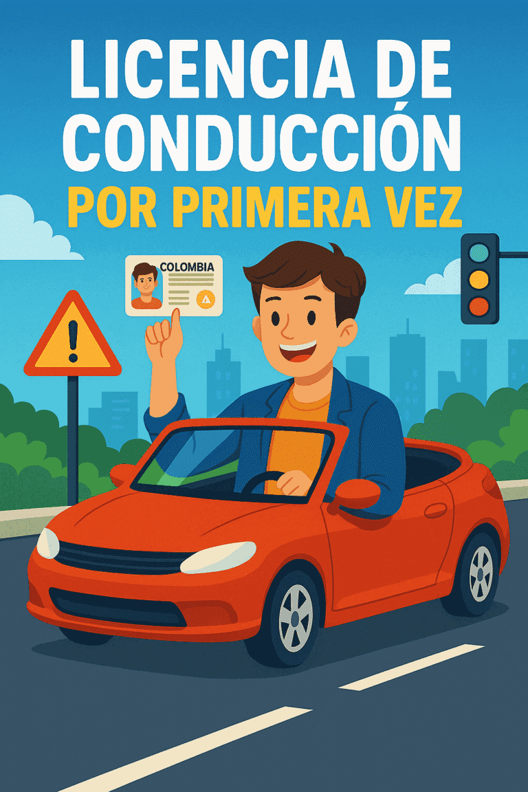 Ilustración de joven feliz conduciendo un carro rojo y mostrando su licencia de conducción colombiana por primera vez