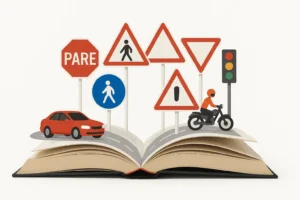 Ilustración de un libro abierto del que emergen señales de tránsito, un carro y una motocicleta