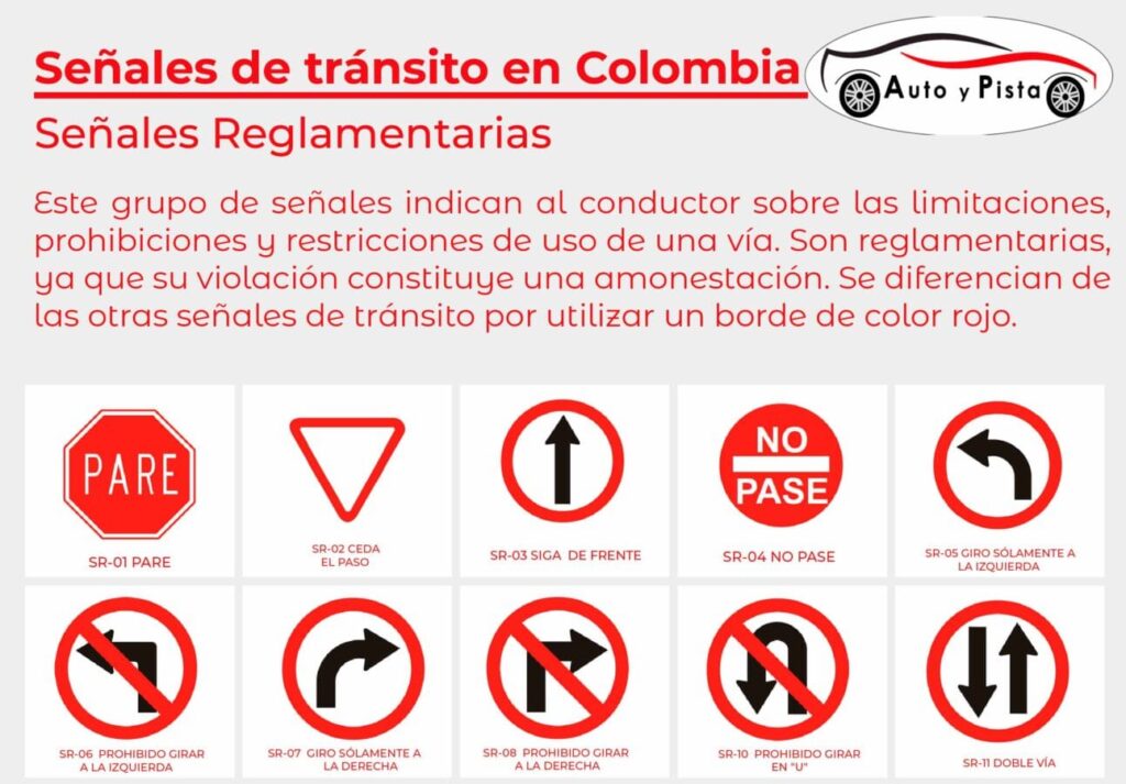 Infografía educativa de señales reglamentarias en Colombia con borde rojo y el logo de Auto y Pista