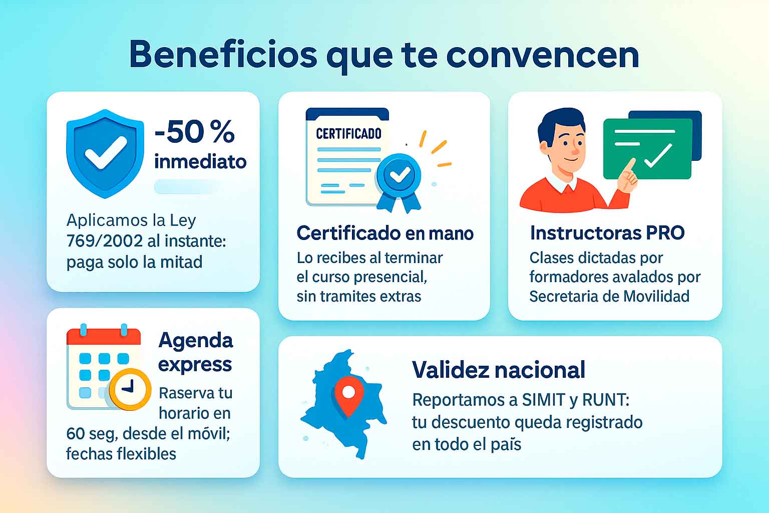 Imagen informativa sobre beneficios del curso de conducción: 50% de descuento, certificado inmediato, instructoras PRO, agenda flexible y validez nacional.